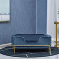 Load image into Gallery viewer, Sausage Dog Box, Dachshund Amity Blue/Gold Luxury Velvet Dog Bed Sofa