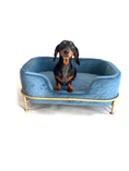 Load image into Gallery viewer, Sausage Dog Box, Dachshund Amity Blue/Gold Luxury Velvet Dog Bed Sofa
