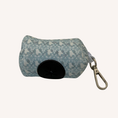 Load image into Gallery viewer, Sausage Society dachshund poop bag holder in pale blue heritage print with black rubber dispenser opening and gold clip