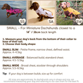 Load image into Gallery viewer, DoxieDri size guide for miniature Dachshunds, showing Small Slim, Small Average and Small Wide fits with back length and weight guidance
