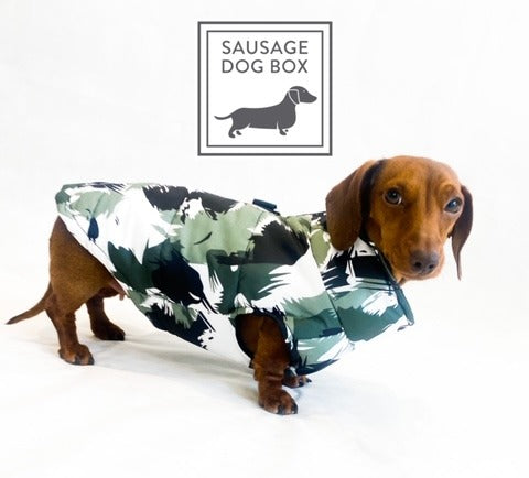 CLEARANCE - Sausage Dog Box Waterproof Step In Puffer Coat - Khaki Print
