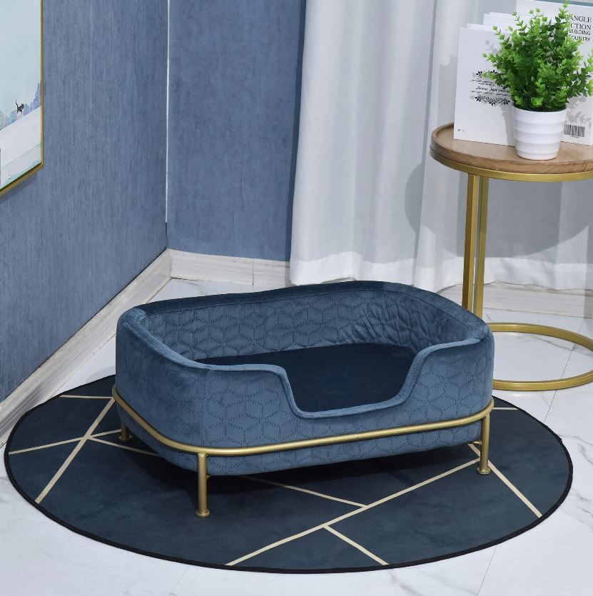 Sausage Dog Box, Dachshund Amity Blue/Gold Luxury Velvet Dog Bed Sofa