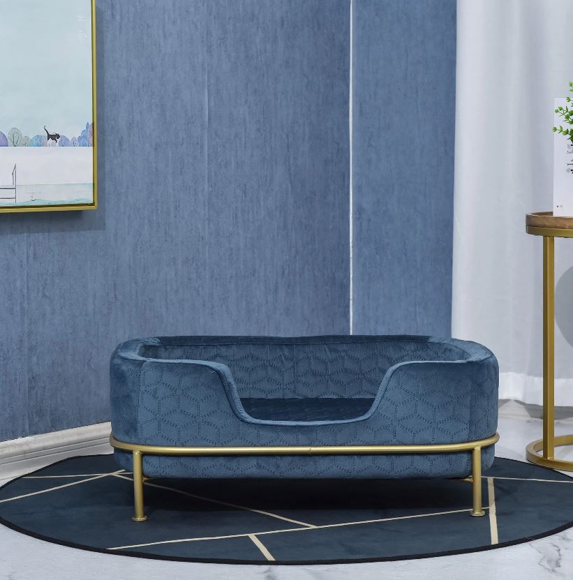 Sausage Dog Box, Dachshund Amity Blue/Gold Luxury Velvet Dog Bed Sofa