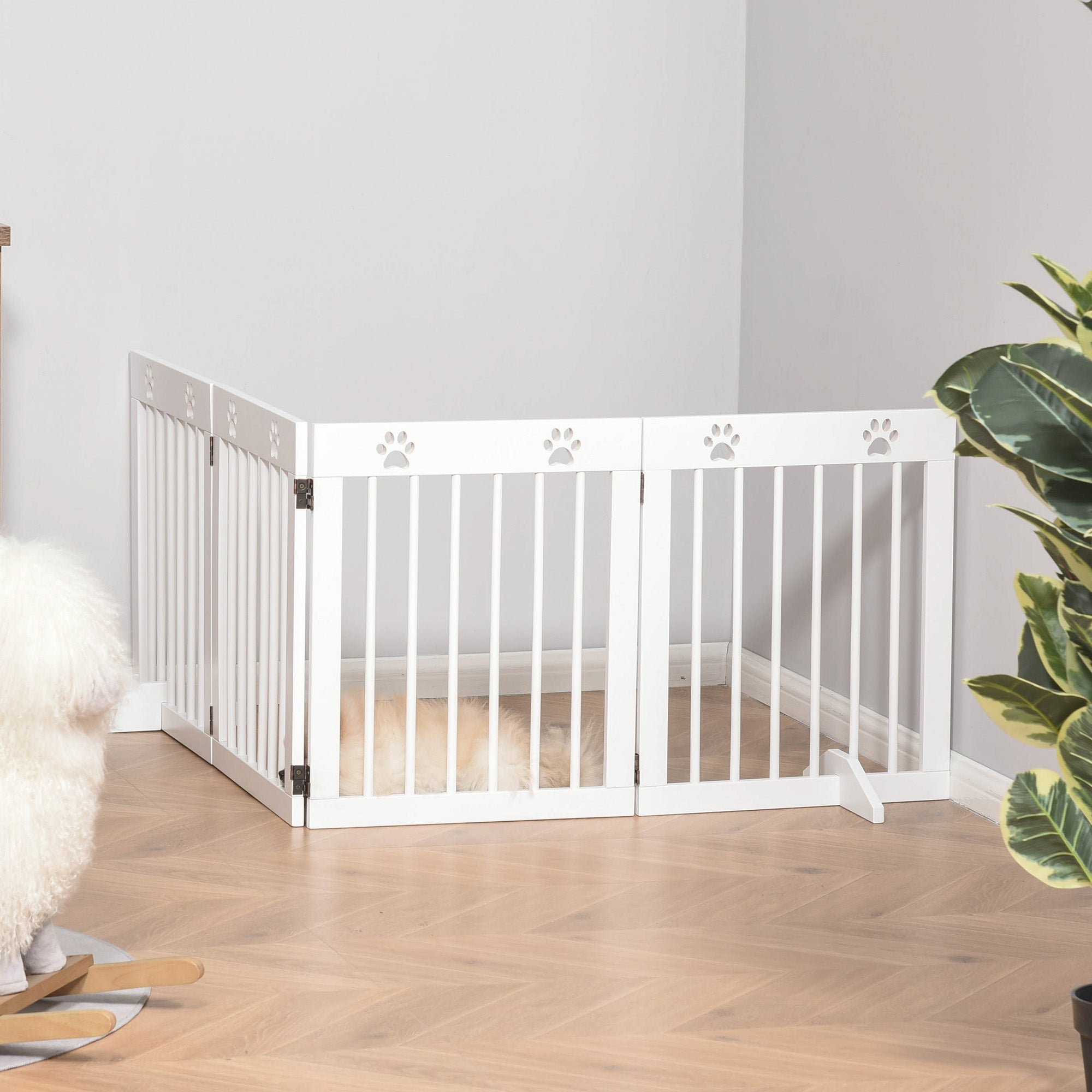 SDB Freestanding Pet Gate 4 Panel Folding Wooden Dog Barrier w/ Support Feet