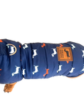 Load image into Gallery viewer, Sausage Dog Box Dachshund Navy Print Fleece Puffer Coat
