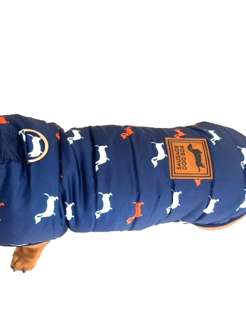 Sausage Dog Box Dachshund Navy Print Fleece Puffer Coat