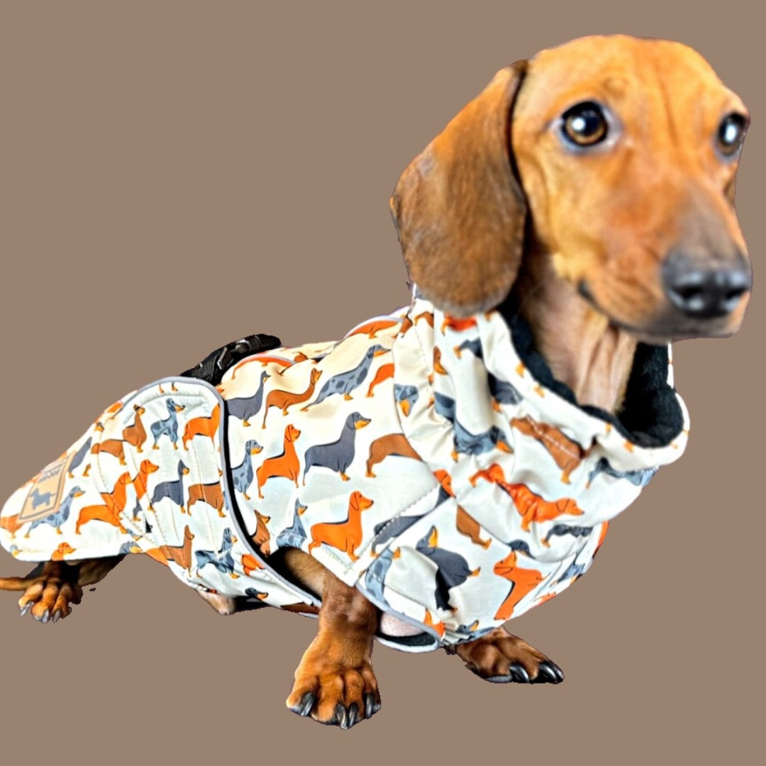 Beige Sophisticated Sausage Waterproof Polartec Fleece Dachshund Dog Coat