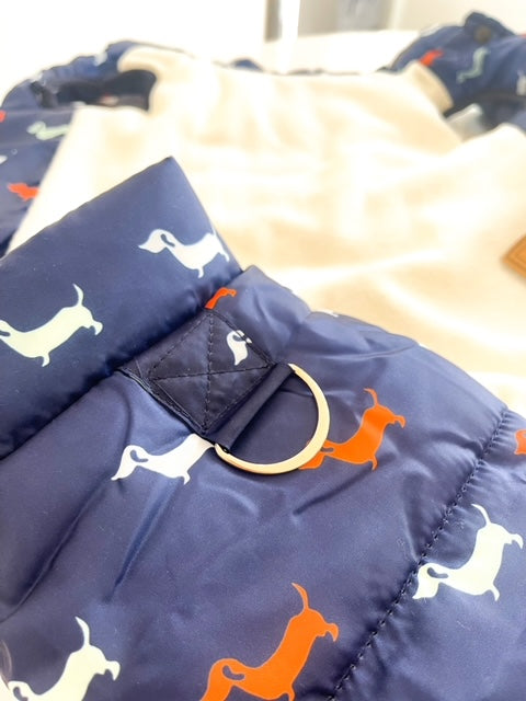 Sausage Dog Box Dachshund Navy Print Fleece Puffer Coat