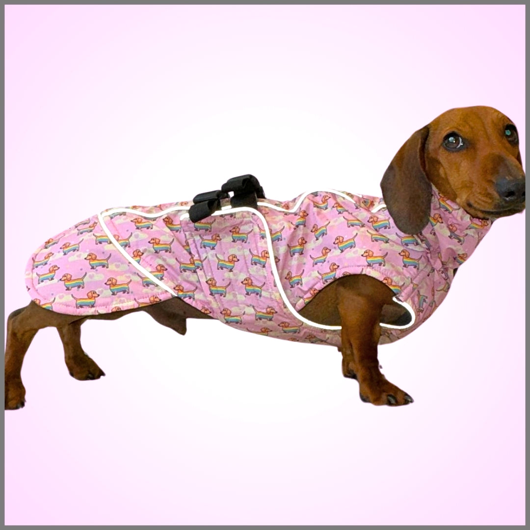 Chasing Rainbows Pink Polartec Fleece Waterproof Dachshund Coat Sausage Dog