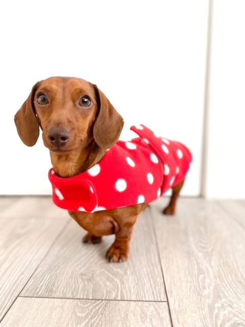Sausage Dog Box Designer Red Polka Dot 'Minnie' Fleece Coat