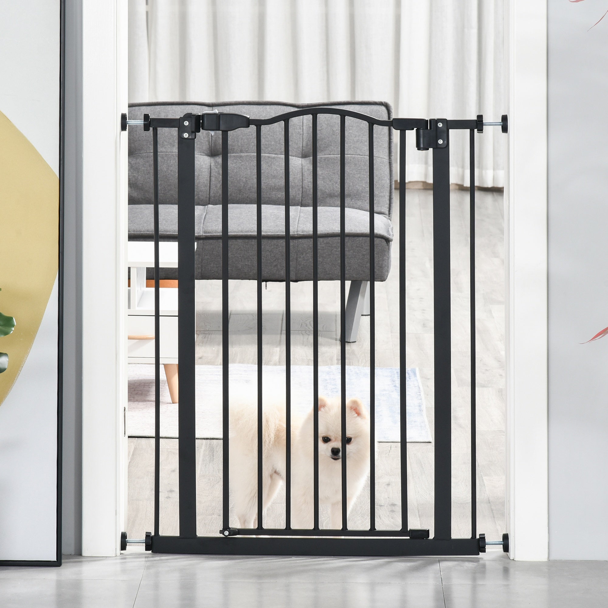 SDB 74-84cm Adjustable Metal Pet Gate Safety Barrier w/ Auto-Close Door Black