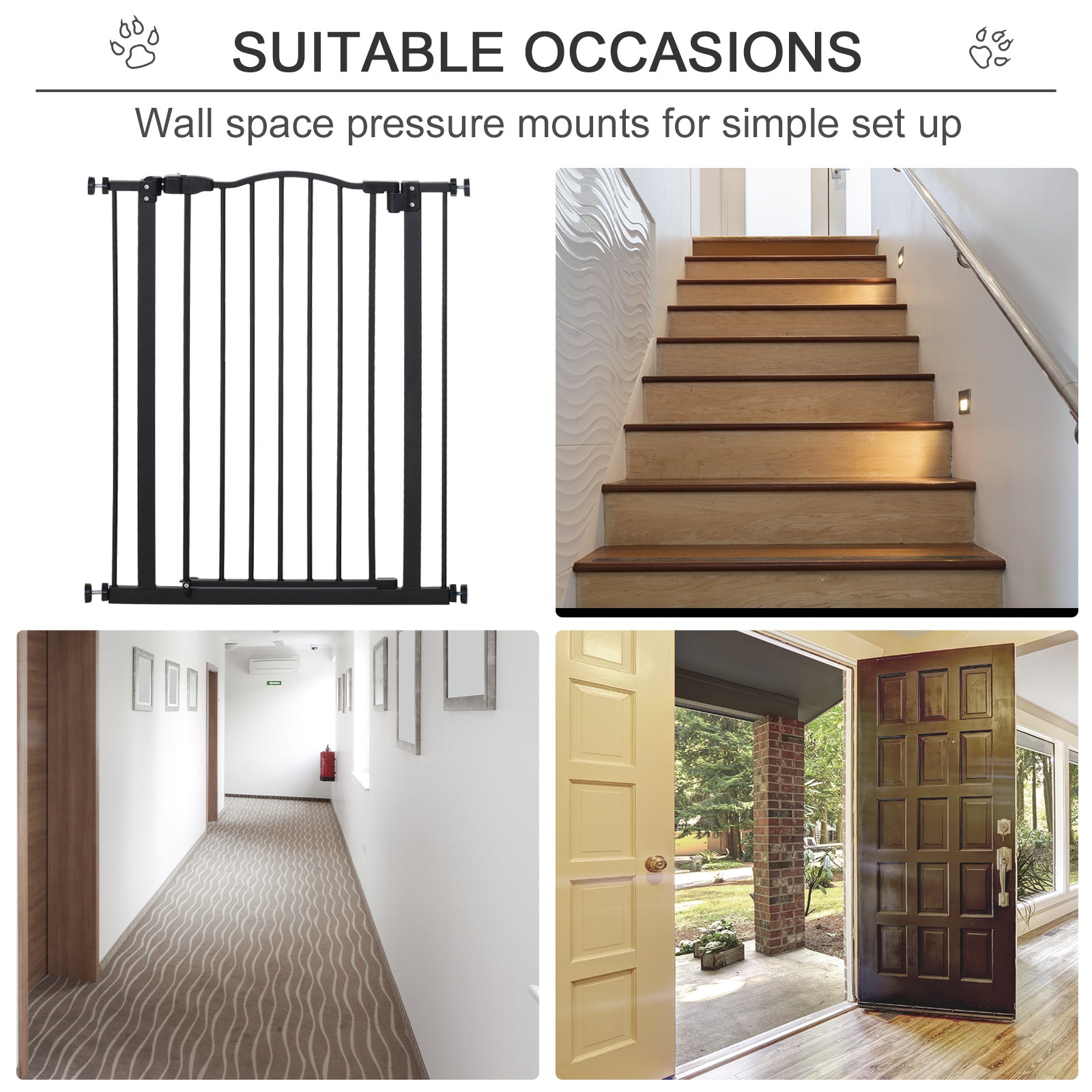 SDB 74-84cm Adjustable Metal Pet Gate Safety Barrier w/ Auto-Close Door Black
