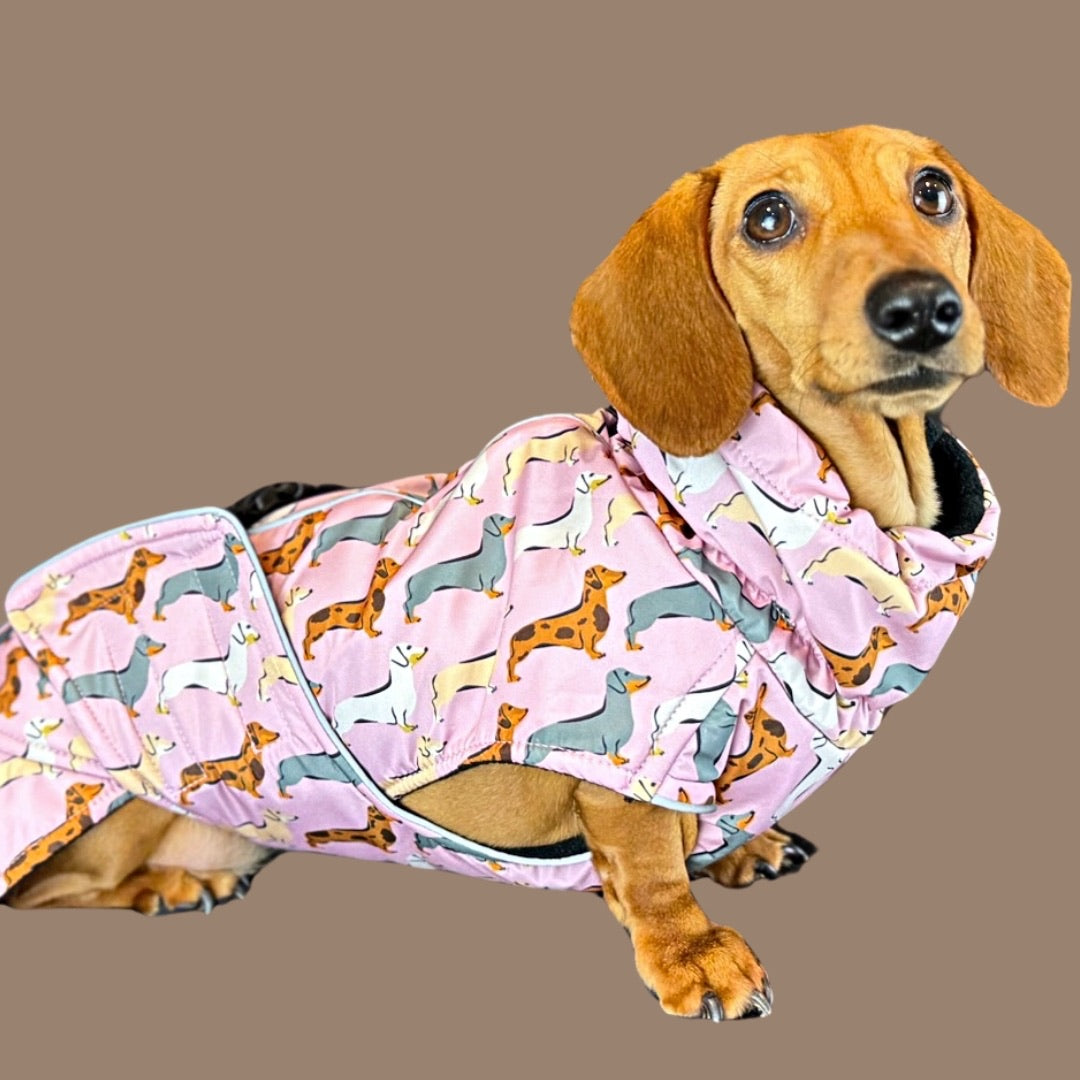 Pink Sophisticated Sausage Waterproof Polartec Fleece Dachshund Dog Coat