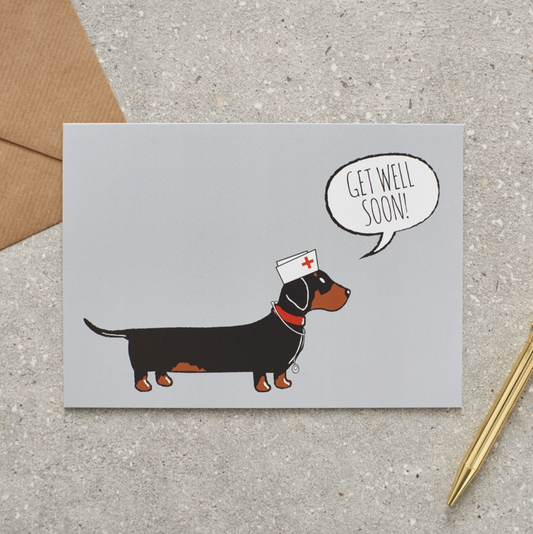 Sausage Dog Box Dachshund "Get Well Soon" Card