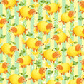 Load image into Gallery viewer, A repeating watercolor-style pattern of yellow dachshund dogs with yellow ears and tails, interspersed with green ivy and lemon slices on a pale yellow and mint green striped background.
