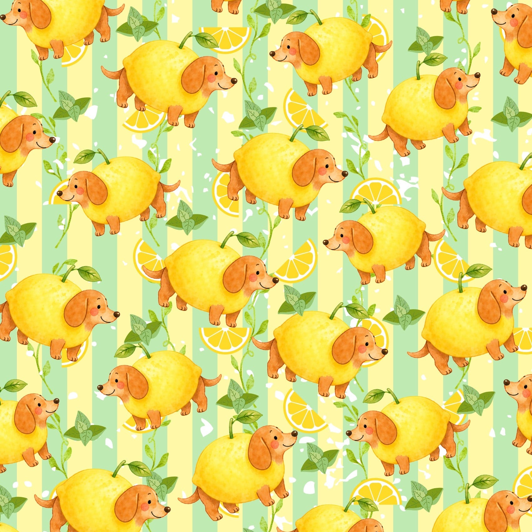 A repeating watercolor-style pattern of yellow dachshund dogs with yellow ears and tails, interspersed with green ivy and lemon slices on a pale yellow and mint green striped background.