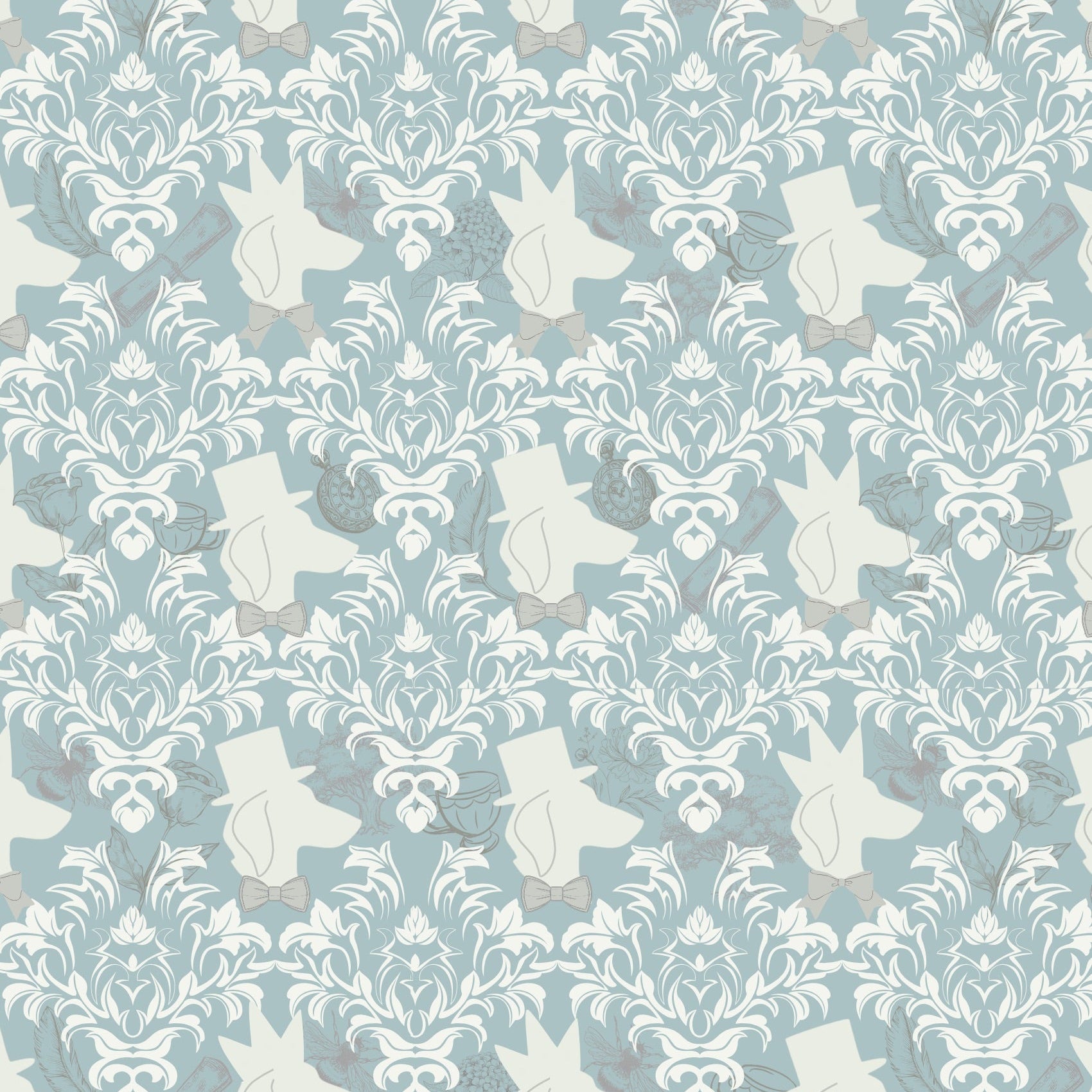 Pale blue Sausage Society fabric pattern featuring cream dachshunds and ornate botanical detailin