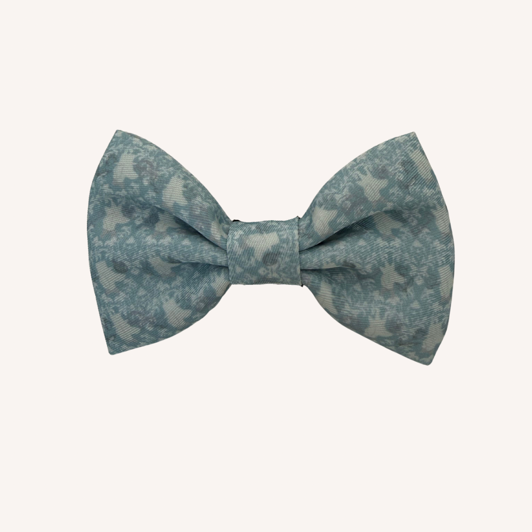 Pale blue Sausage Society dachshund bow tie with an elegant heritage-inspired print