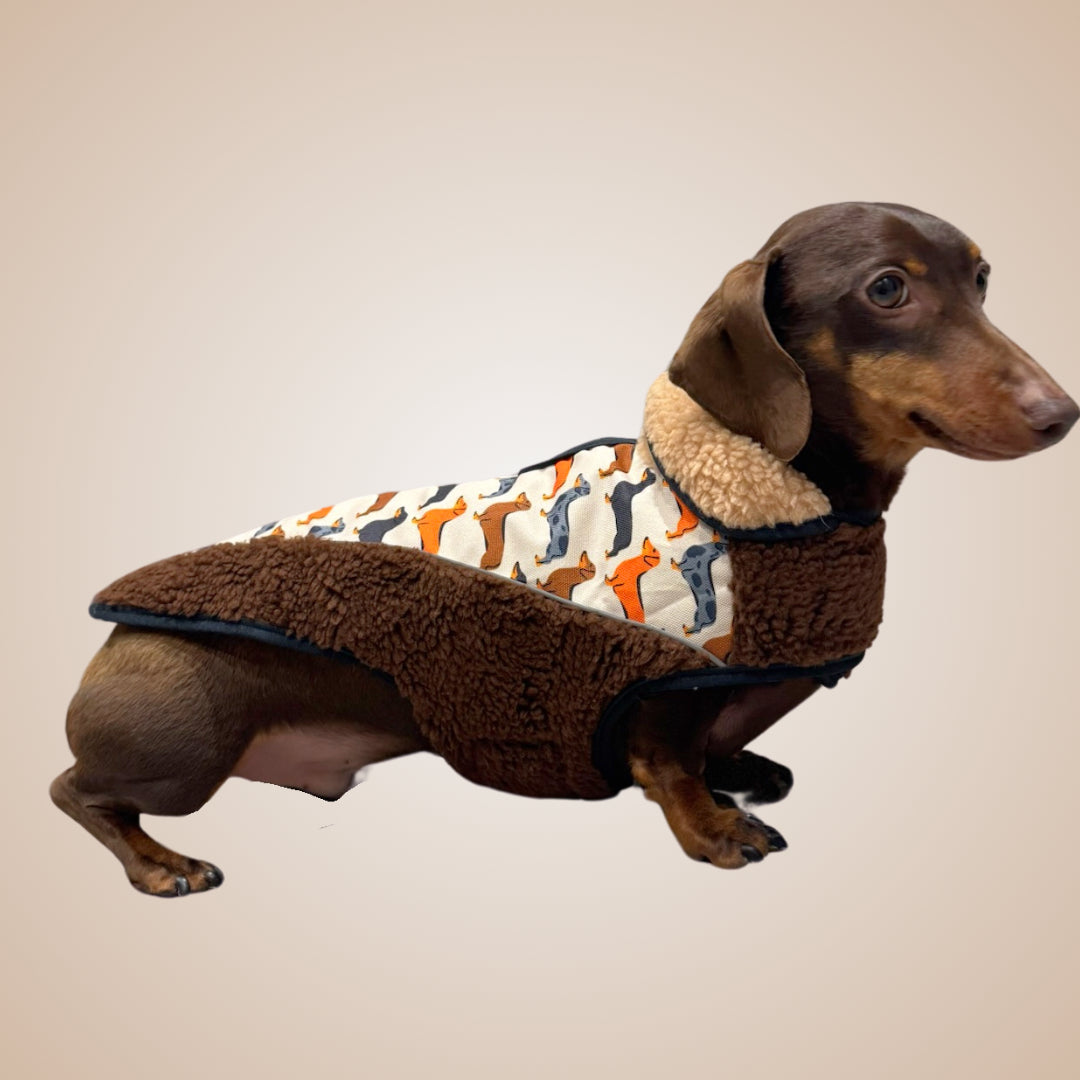 Beige sherpa-lined dachshund parka jacket in our Sophisticated Sausage print for miniature and standard sausage dogs.