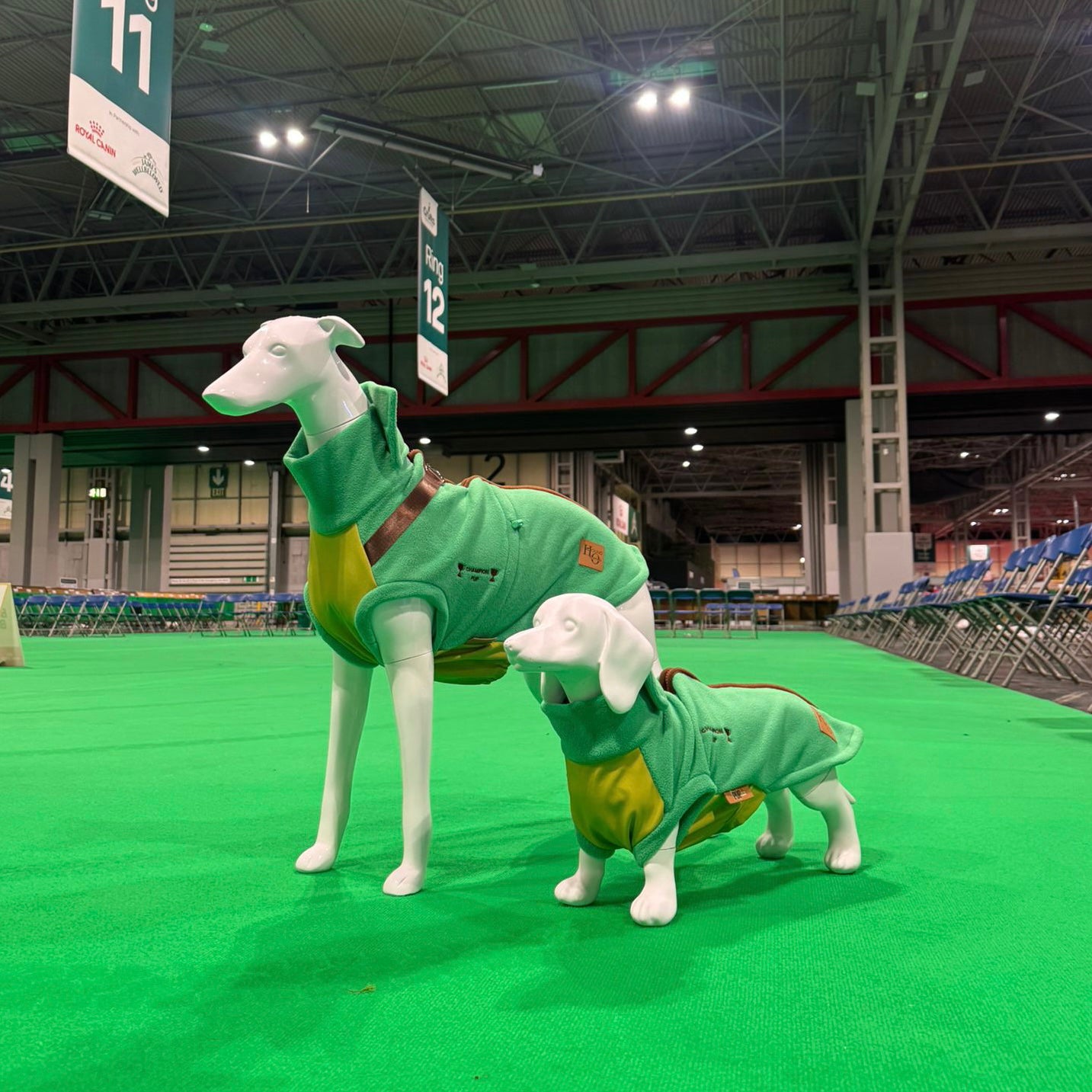 Champion Pup DoxieDri waterproof dachshund harness fleece showcased at Crufts dog show.