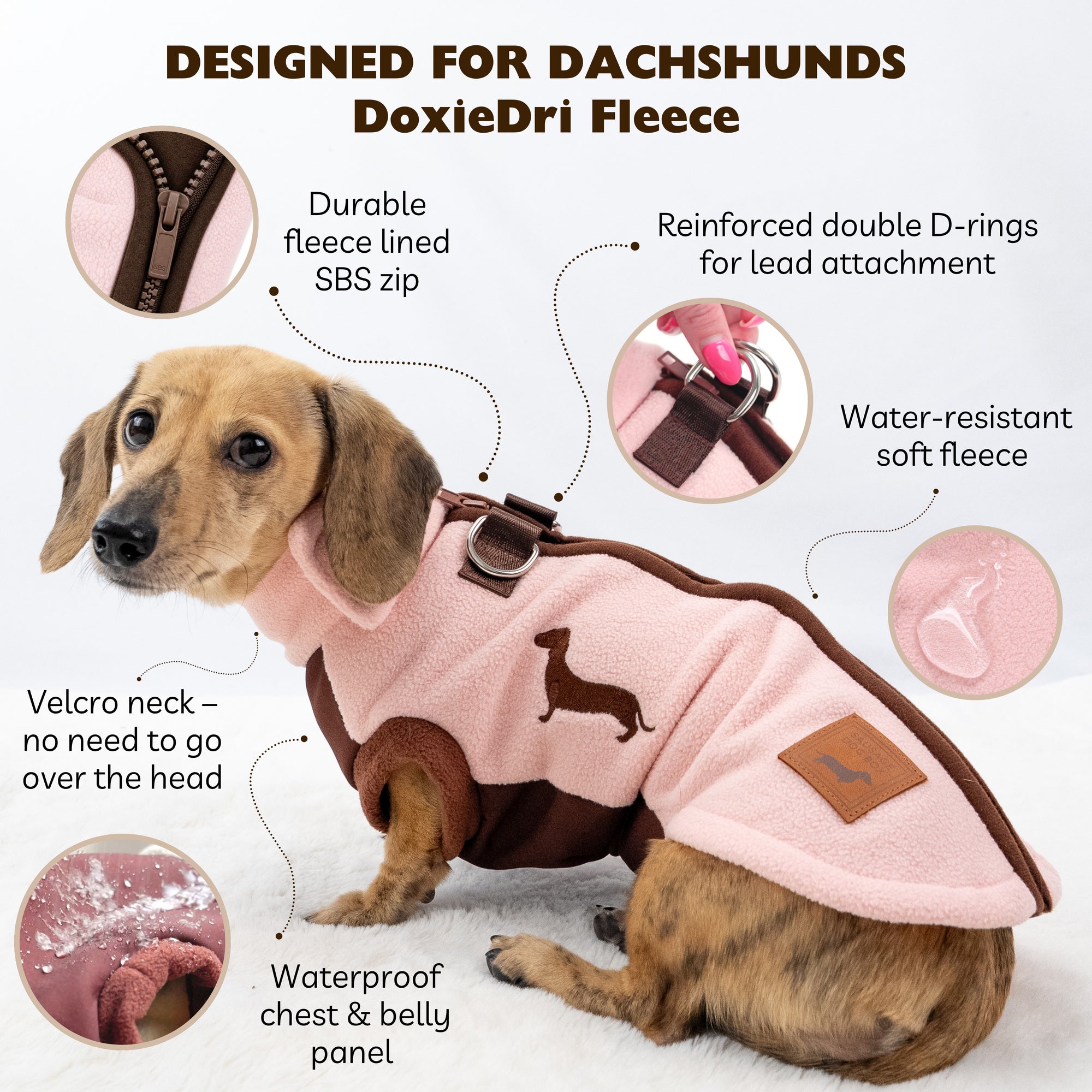 Illustration of the DoxieDri waterproof dachshund harness fleece with features explained, linking to dachshund advice and care guides.