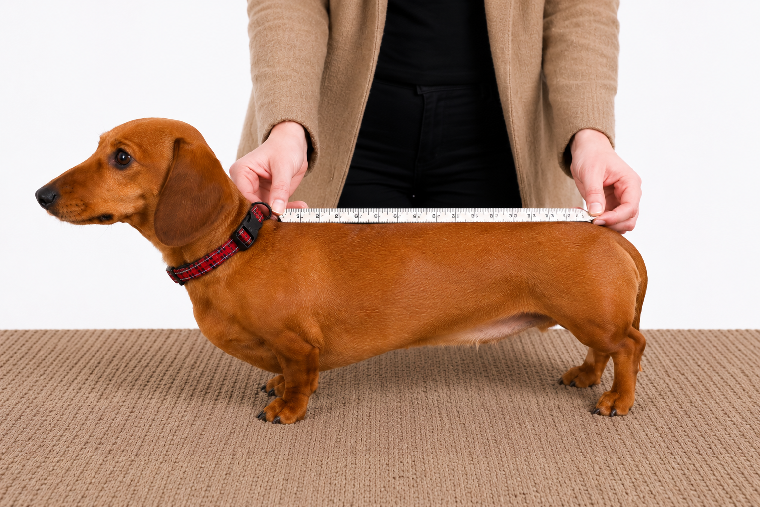 Miniature dachshund being measured with fabric tape measure to find best size for sausage dog box clothing and accessories for dachshunds