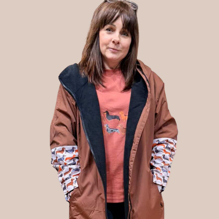 Matching dachshund gifts and human clothing including waterproof coats and accessories.
