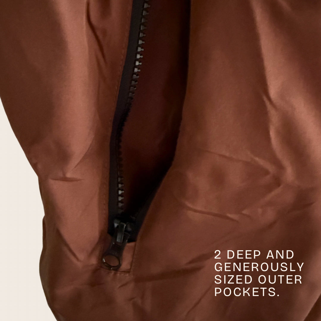 Large pocket detail shown on dachshund owner rain coat