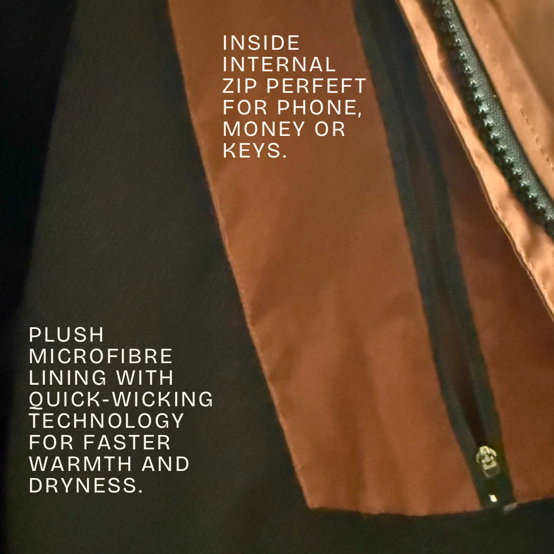 Inside view of the DoxieBurrow waterproof dog walking robe coat showing the warm microfibre lining and waterproof outer.