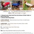 Load image into Gallery viewer, DoxieDri size guide for standard Dachshunds, showing Large Average, Large Wide and XL fits with back length and weight guidance
