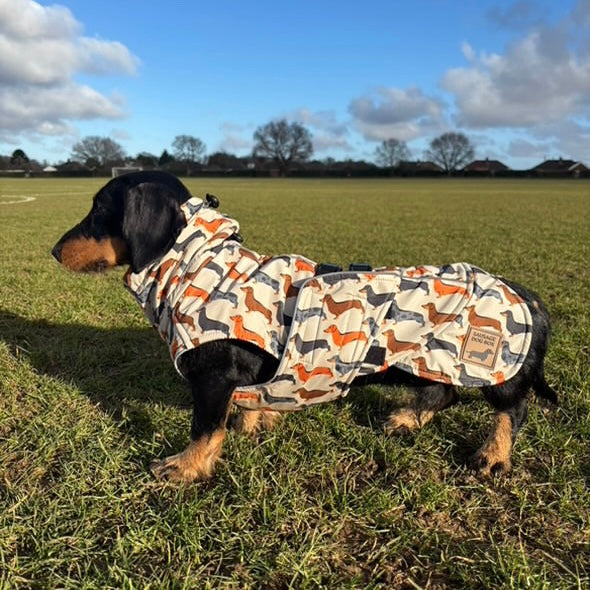 Beige Sophisticated Sausage Waterproof Polartec Fleece Dachshund Dog Coat
