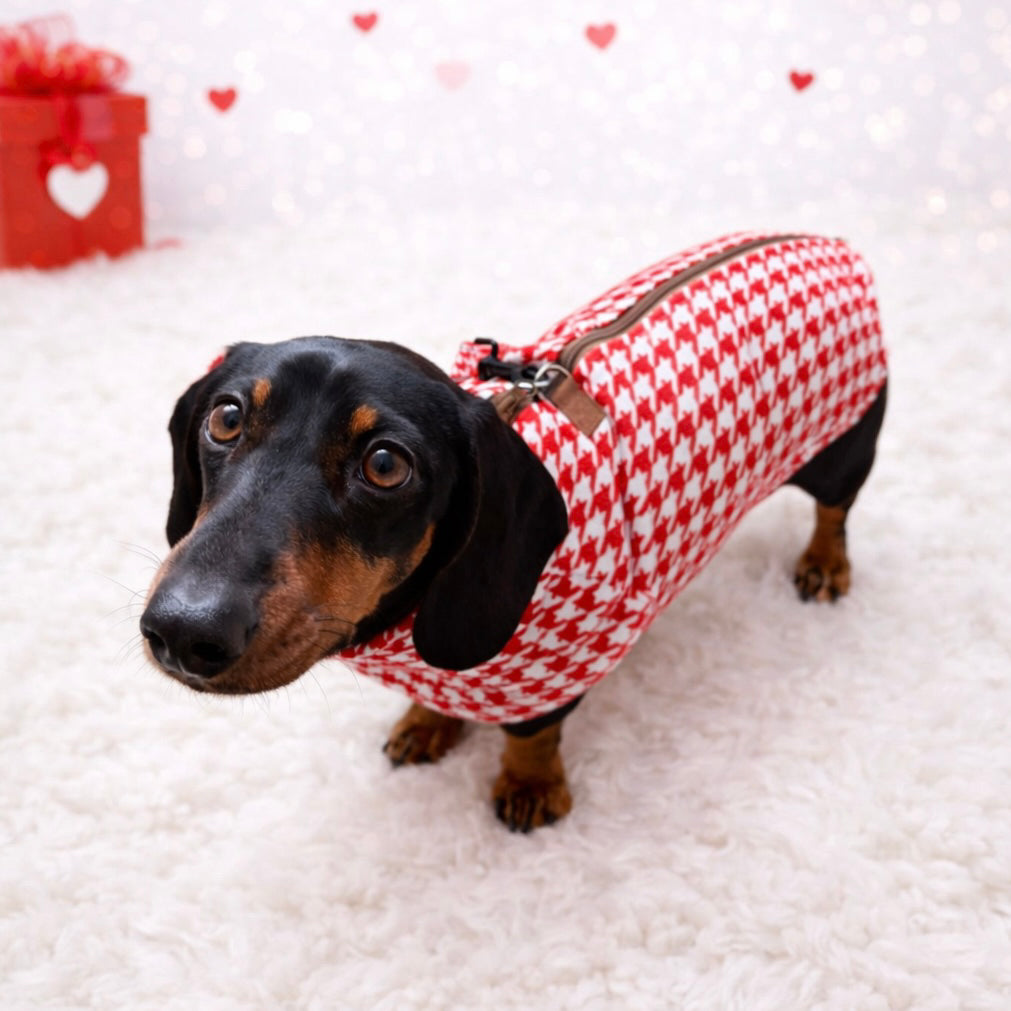Red Houndstooth Dachshund Fleece Long Dog Zipper Valentines Jumper