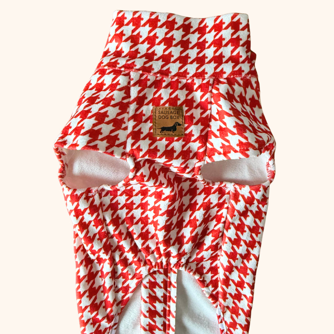 Red Houndstooth Dachshund Fleece Long Dog Zipper Valentines Jumper