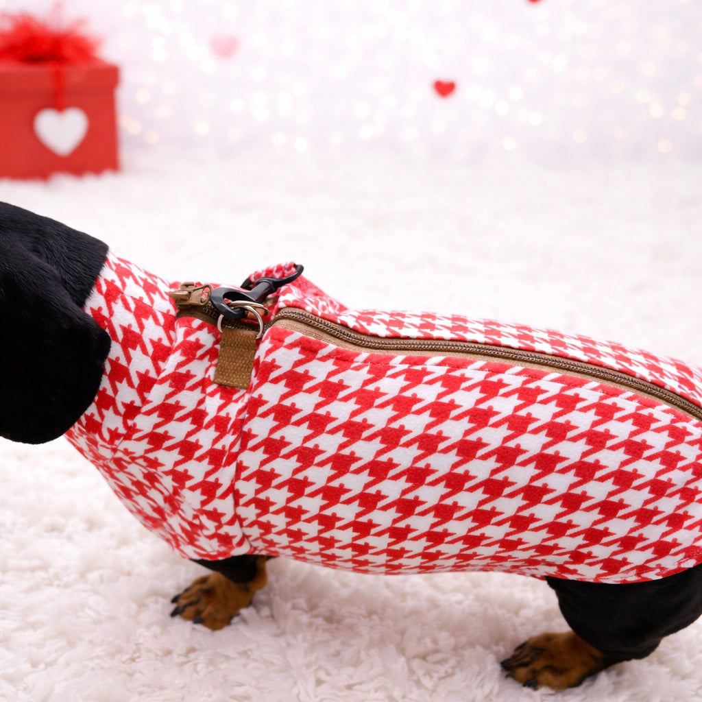 Red Houndstooth Dachshund Fleece Long Dog Zipper Valentines Jumper