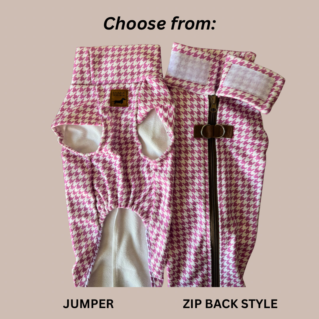Pink Houndstooth Dachshund Fleece Jumper / Sweater | Sausage Dog Box