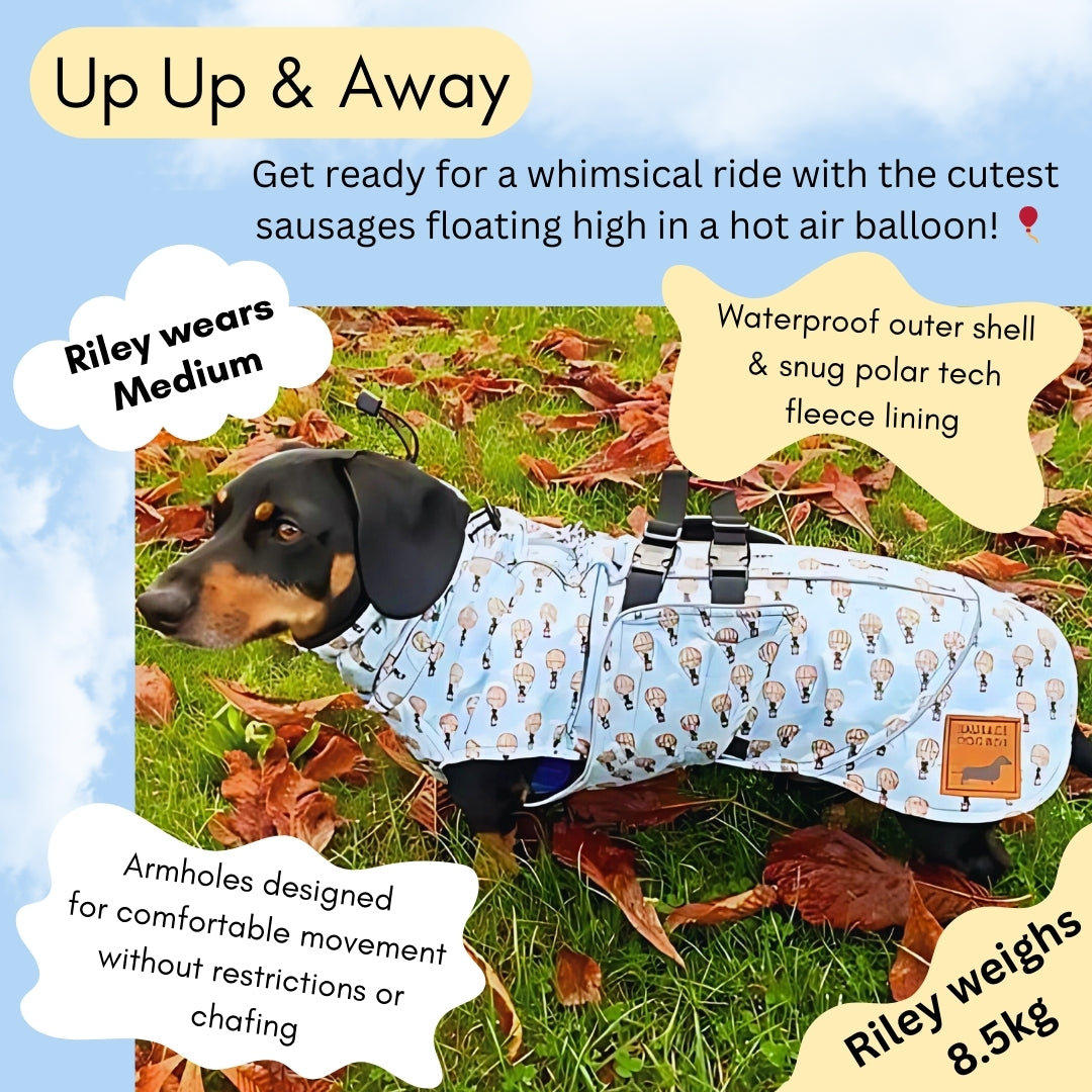 Blue Dachshund Coat 'Up Up and Away' Waterproof With PolarTec Fleece