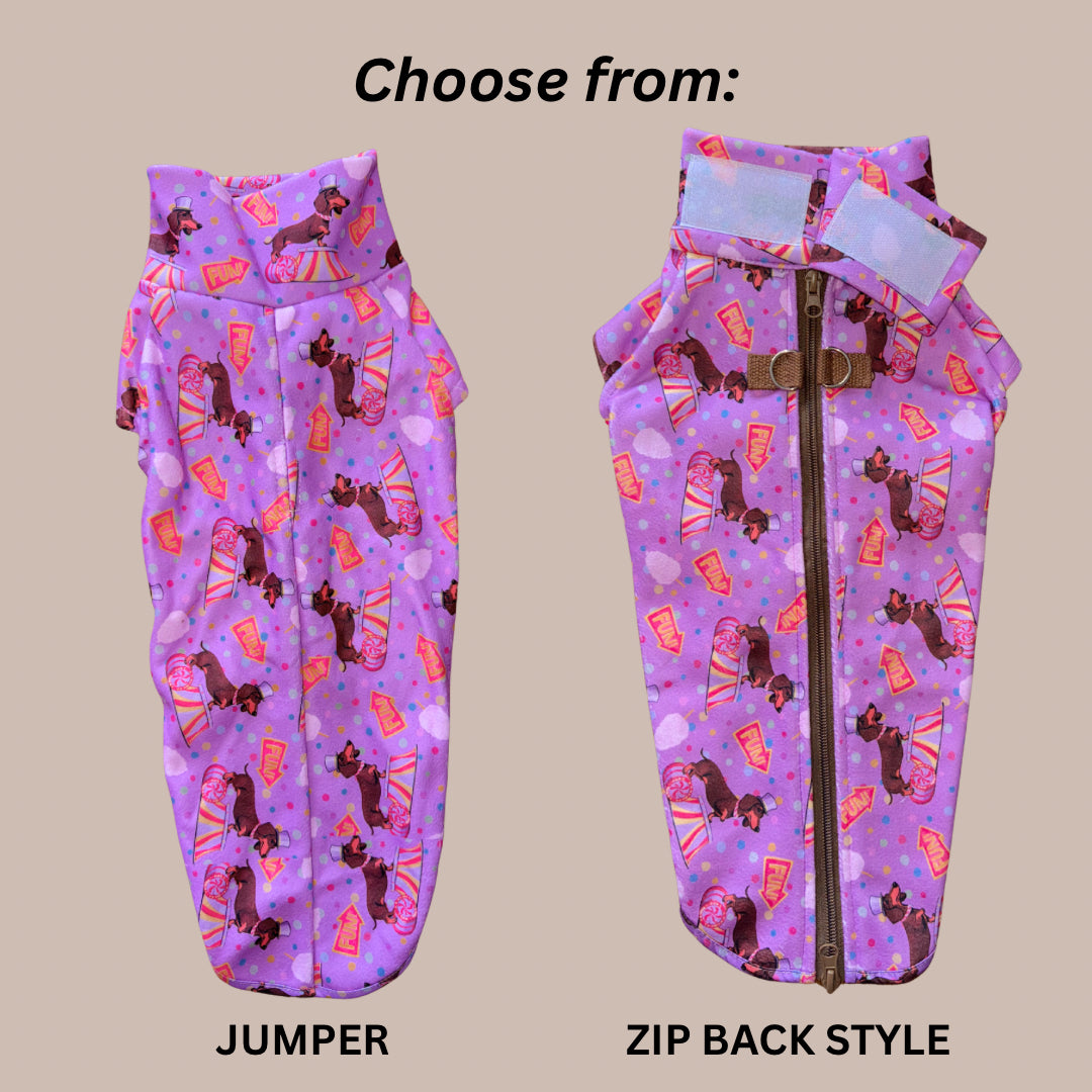 Fun Floss Purple Circus Dachshund Fleece Jumper / Sweater | Sausage Dog Box