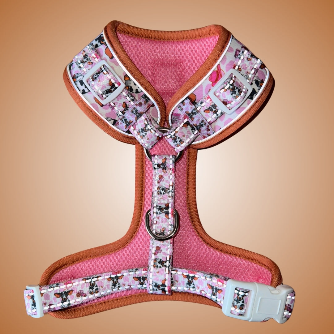 Howdy Cowgirl Pink Cow Dachshund Dog Harness AntiRub & Adjustable
