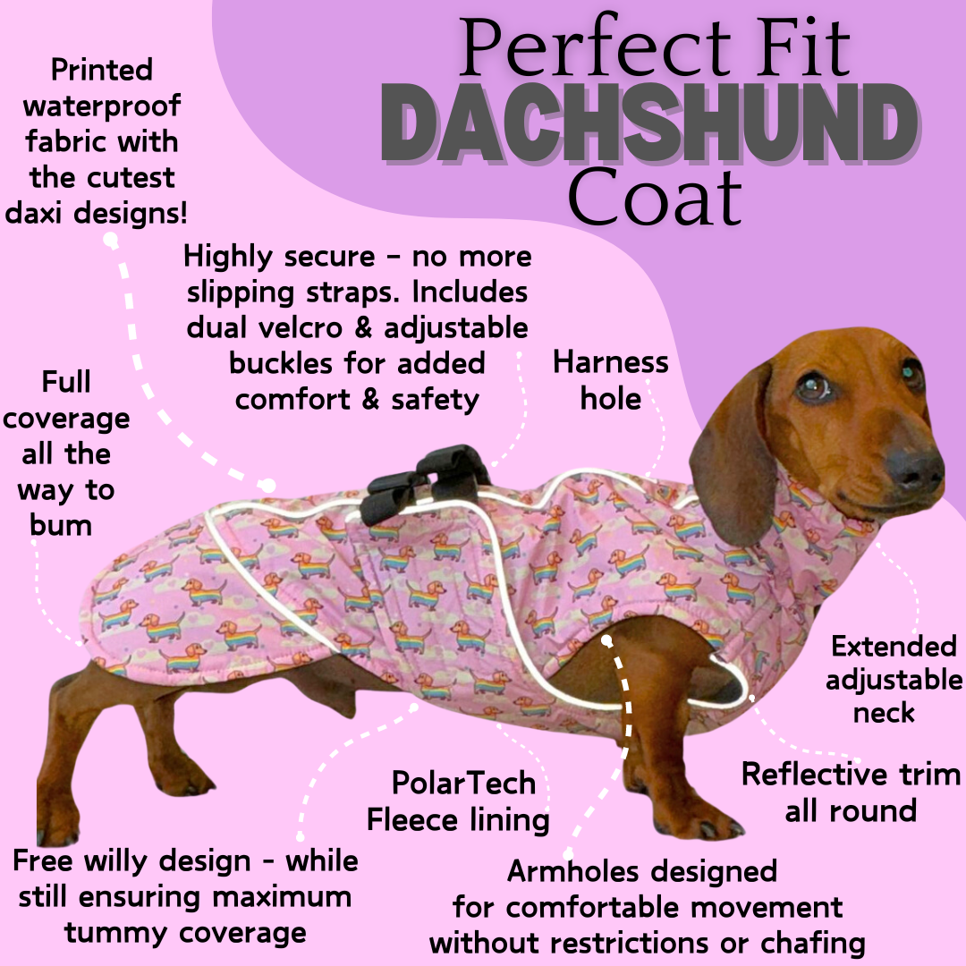 Chasing Rainbows Pink Polartec Fleece Waterproof Dachshund Coat Sausage Dog