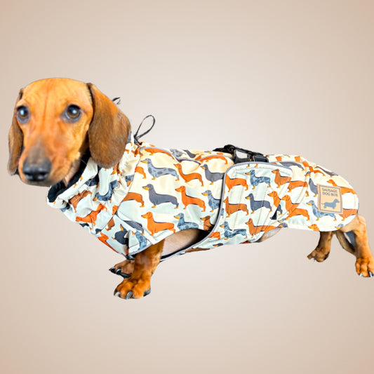 Beige Sophisticated Sausage Waterproof Polartec Fleece Dachshund Dog Coat