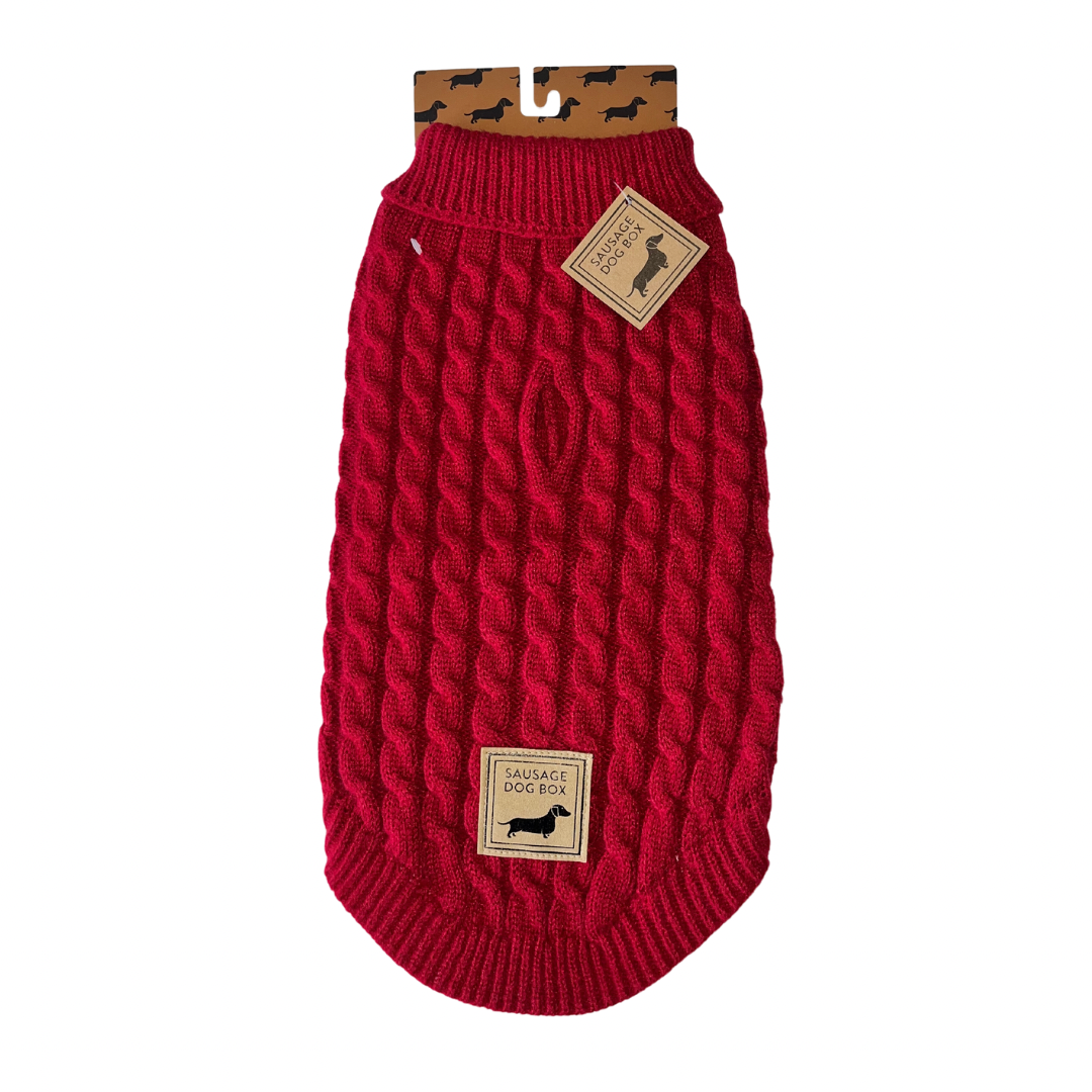 Cranberry Red Cable Knit Dachshund Jumper Sweater - Sausage Dog Box