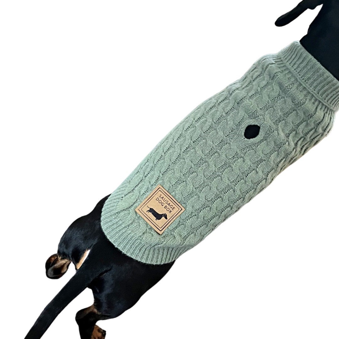 Forest Moss Luxury Cable Knit Dachshund Jumper - Sausage Dog Box