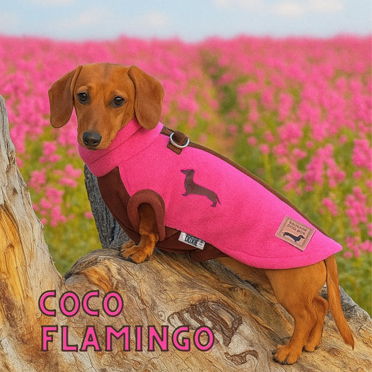 Coco Flamingo Waterproof Dachshund Harness Fleece | DoxieDri Step-In Jumper