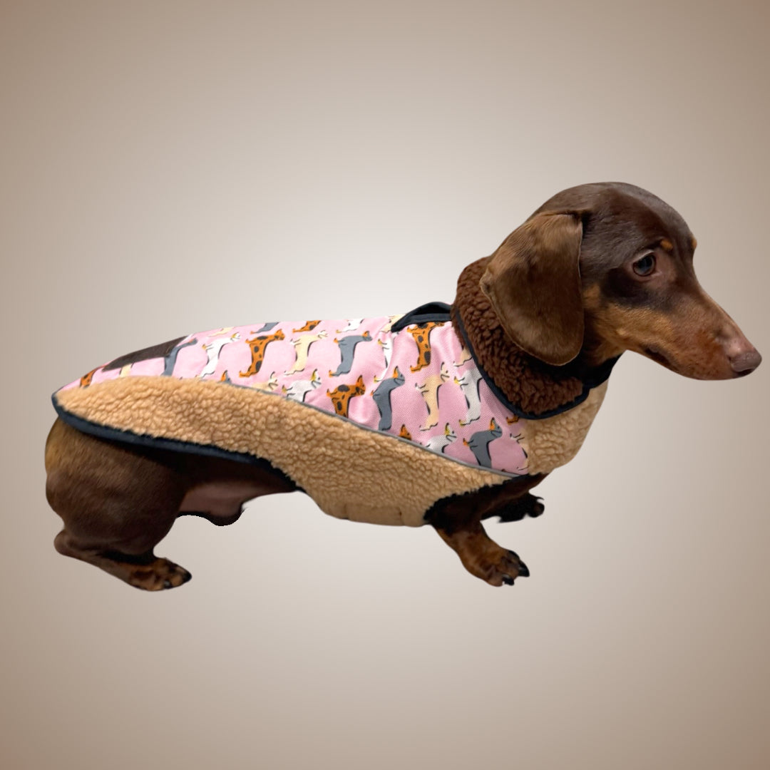 Pink Sophisticated Sausage Sherpa Fleece Dachshund Dog Parker Jacket