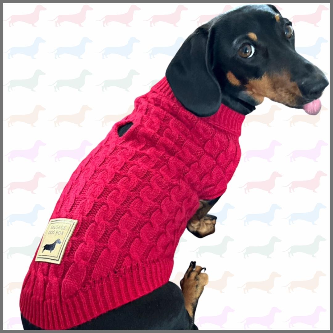 Cranberry Red Cable Knit Dachshund Jumper Sweater - Sausage Dog Box