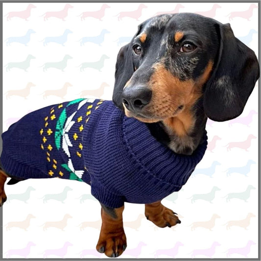 CLEARANCE - Sausage Dog Box Dachshund Navy & Green Leaf Jumper