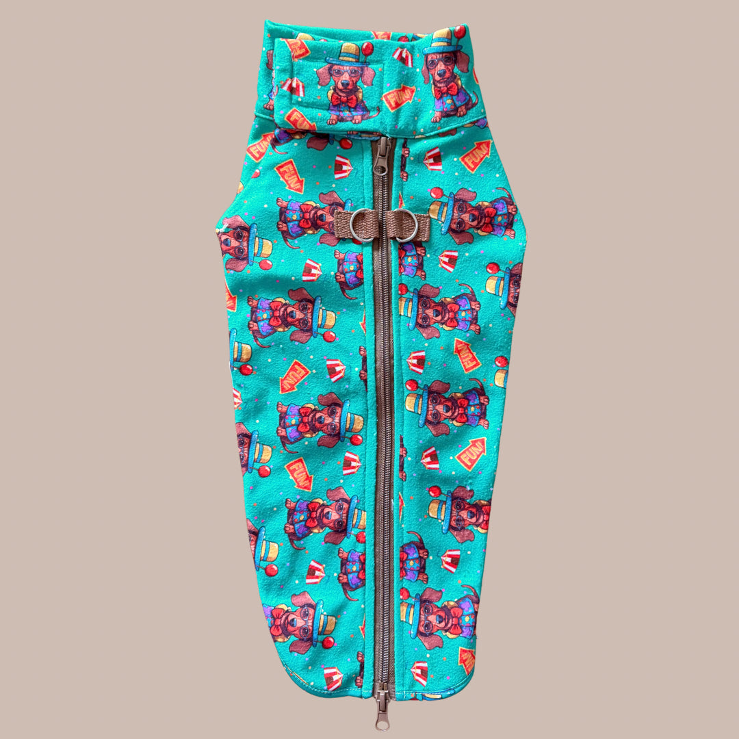 Top Dog Teal Circus Dachshund Fleece Jumper / Sweater | Sausage Dog Box