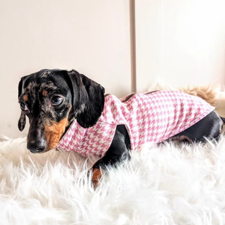 Pink Houndstooth Dachshund Fleece Jumper / Sweater | Sausage Dog Box