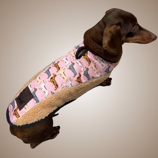 Pink Sophisticated Sausage Sherpa Fleece Dachshund Dog Parker Jacket