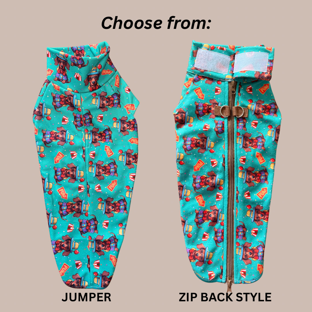 Top Dog Teal Circus Dachshund Fleece Jumper / Sweater | Sausage Dog Box
